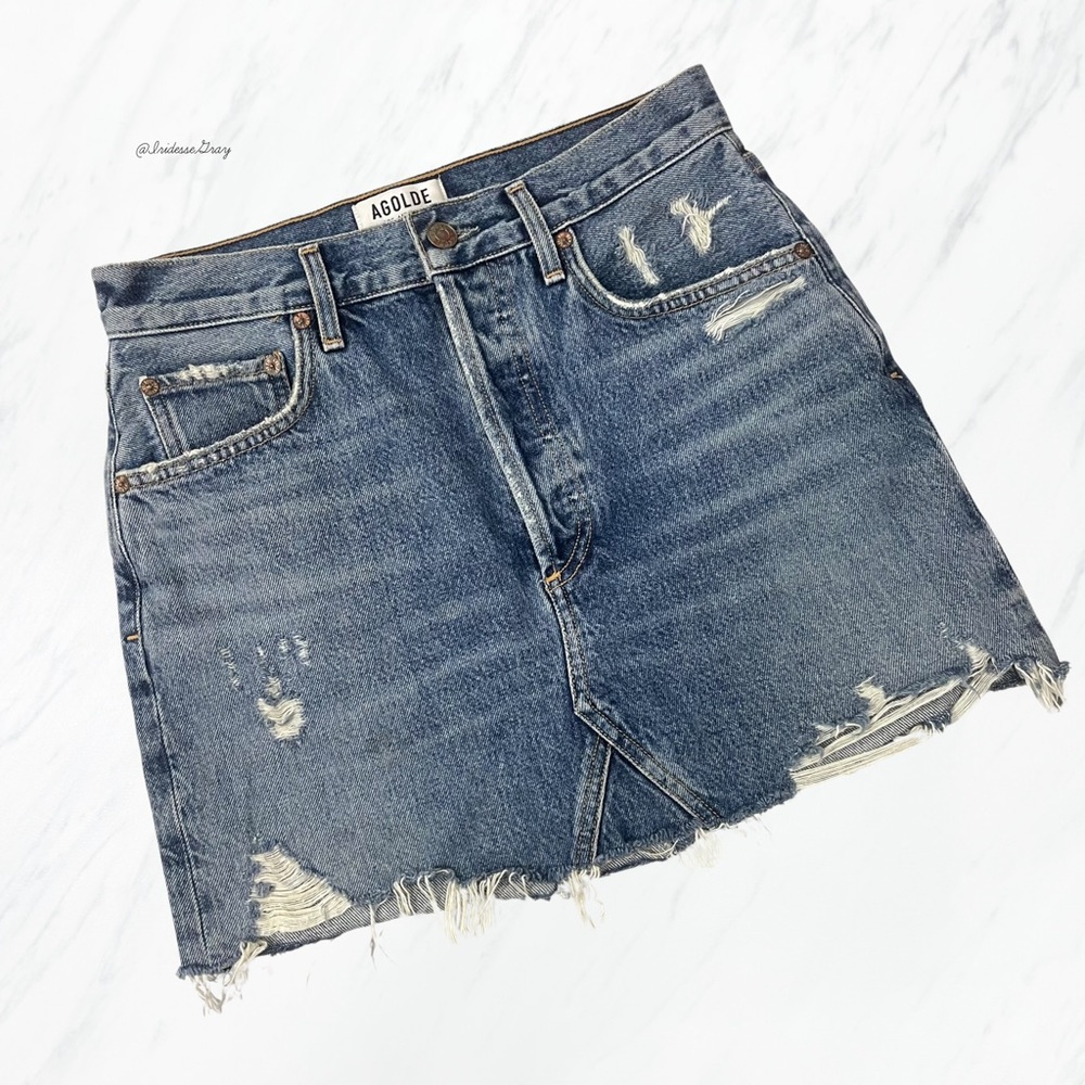Agolde- Quinn High Rise Denim Raw Edged Skirt 25